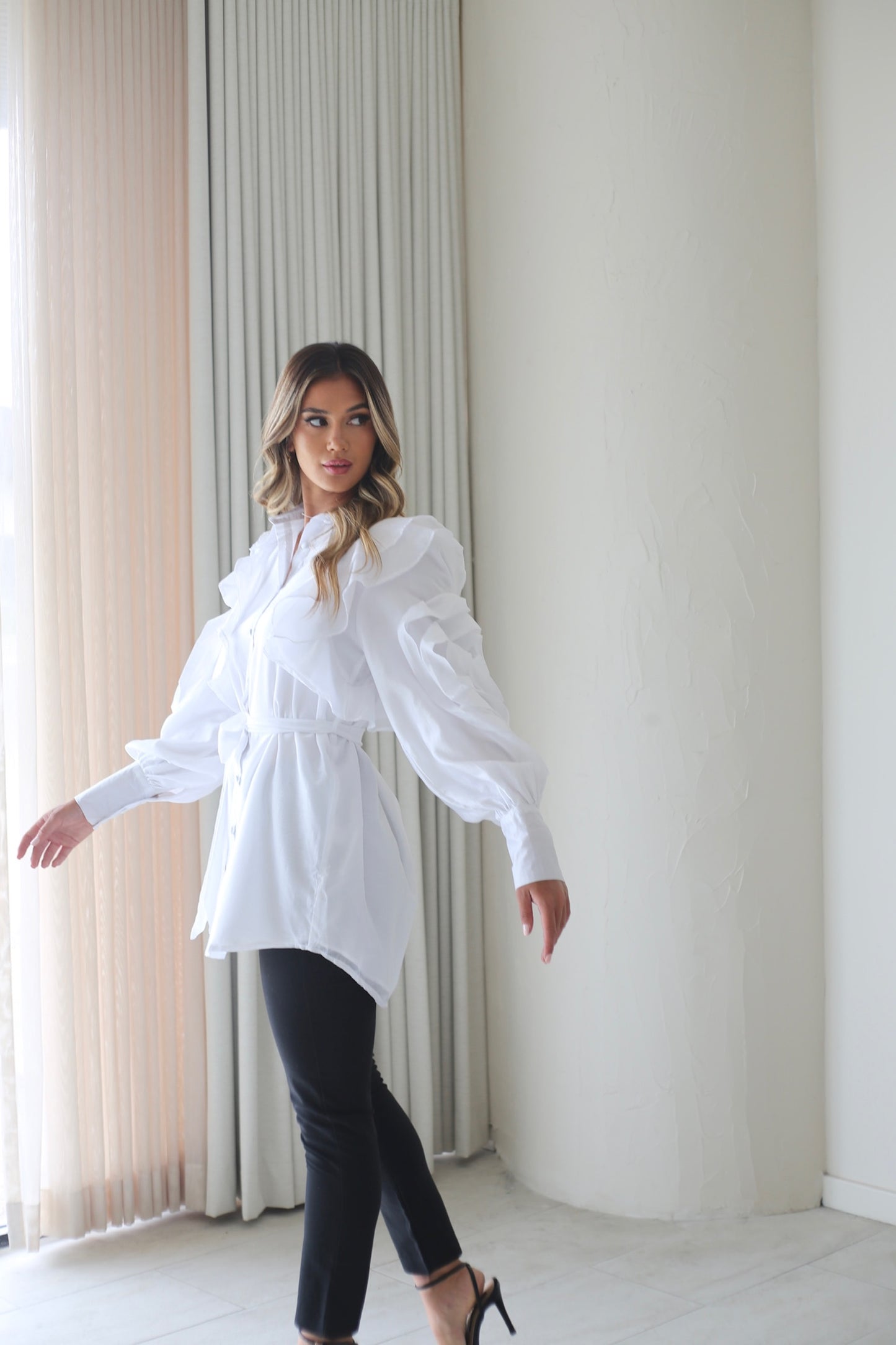 Puff Sleeve Long Shirt - White