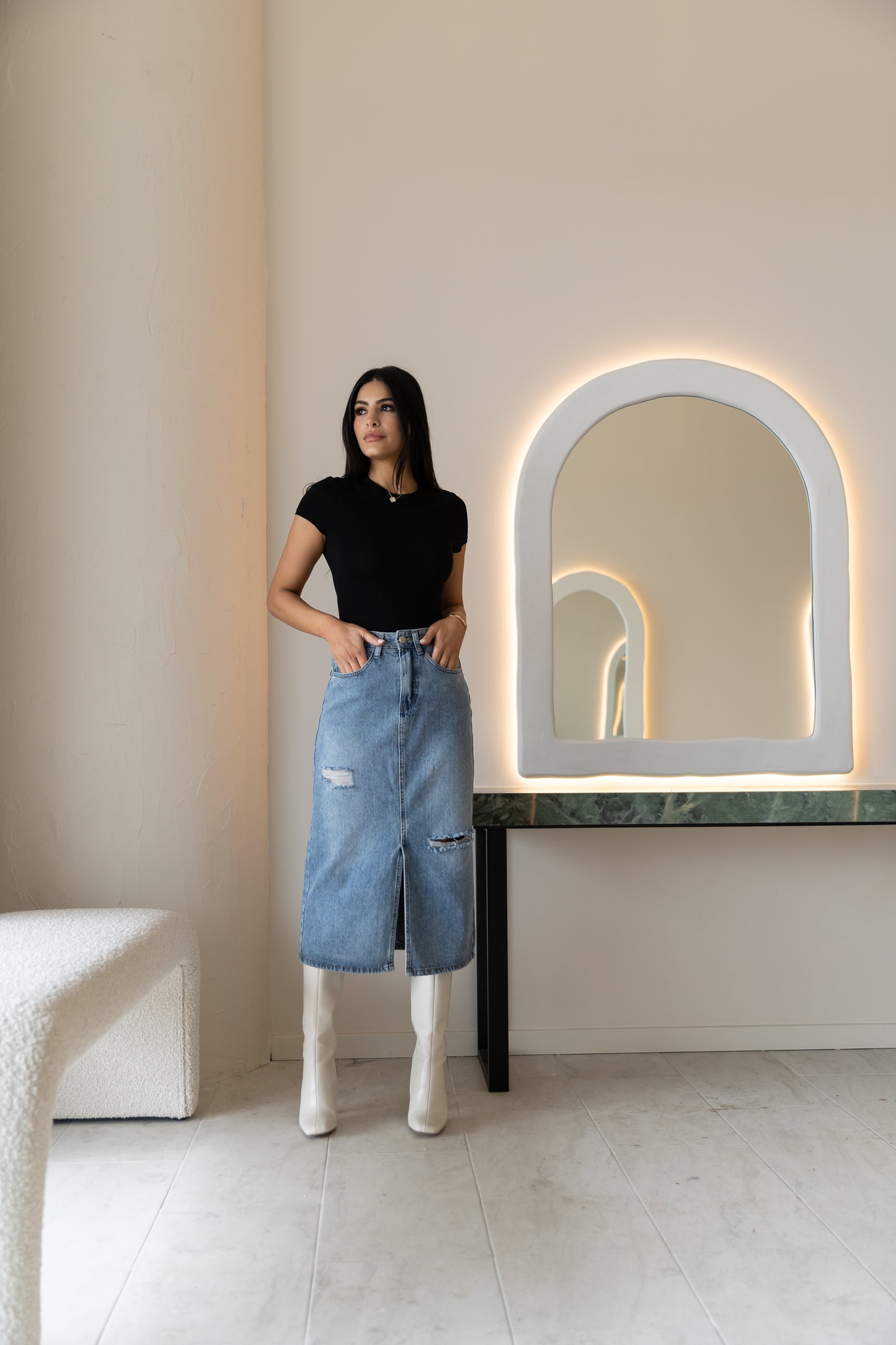 High Waist Split Denim Skirt